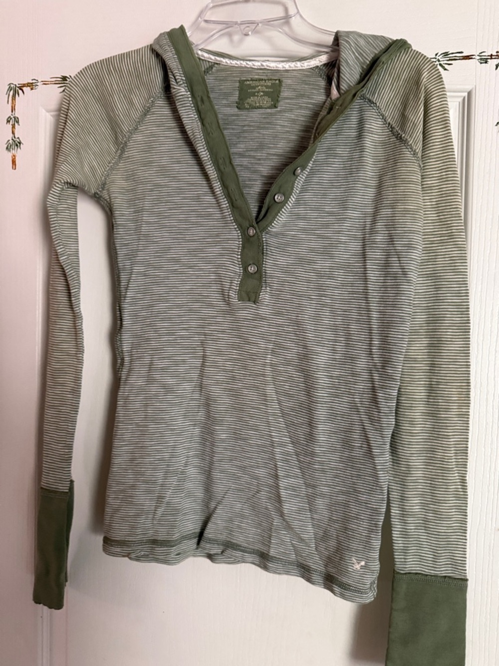 American Eagle Outfitters Olive Green Striped Long Sleeve Henley Hoodie